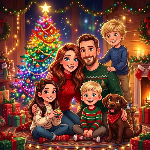 Vibrant Merry Christmas Family Portrait Illustration