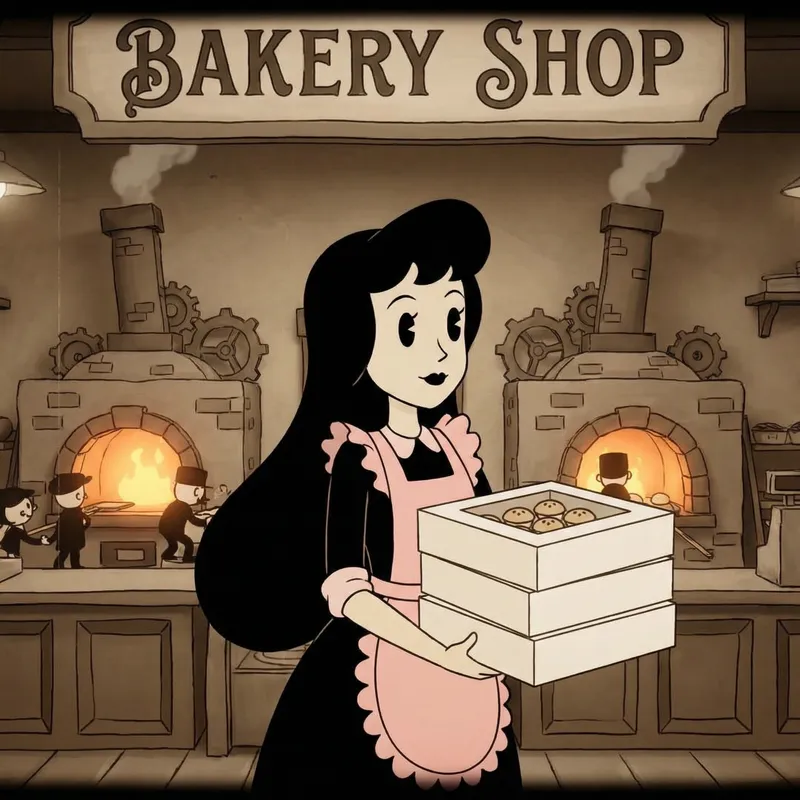 Pixar 3D Style: Black-Haired Woman Baker with Bite-Sized Pastries