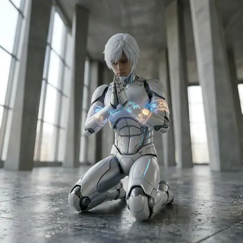 Humanoid Zenyatta with White Hair Praying Pose and Floral Bands