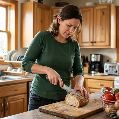 Woman with Blunt Knife in Kitchen