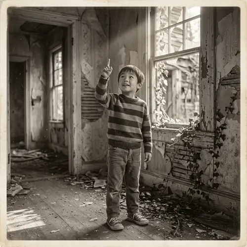 Vintage-Style Photo of Curious East Asian Boy Exploring Abandoned House