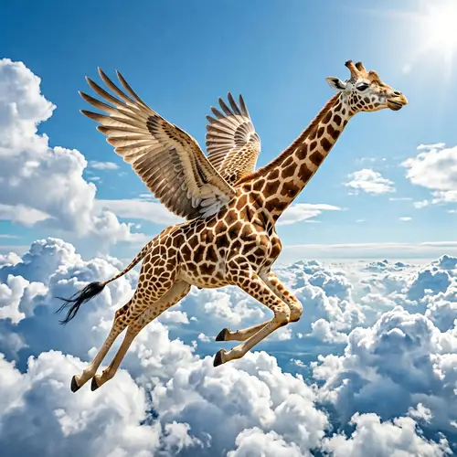 Flying Giraffe: Whimsical Imagery in a Crisp Blue Sky