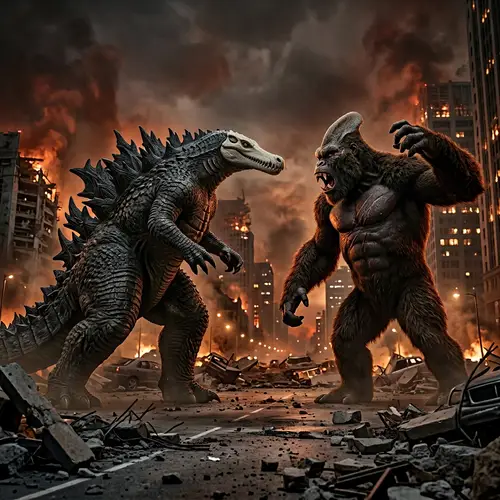 Godzilla vs Kong: Epic Battle in Fiery Cityscape