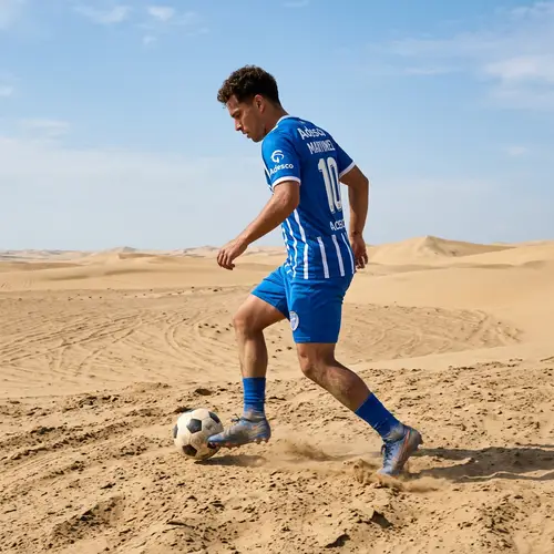 Masterful South American Football Player in Vast Desert