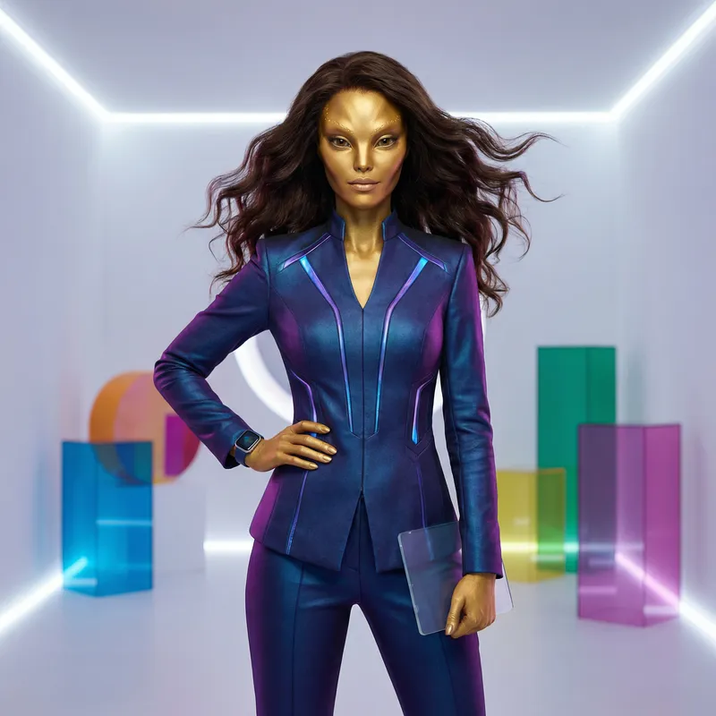 Stunning Golden-Skinned Alien Woman in Futuristic Office Attire