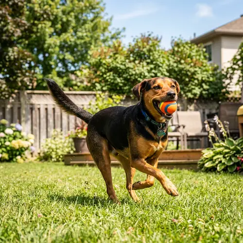 Happy Medium-Sized Dog Playing with Ball Outdoors