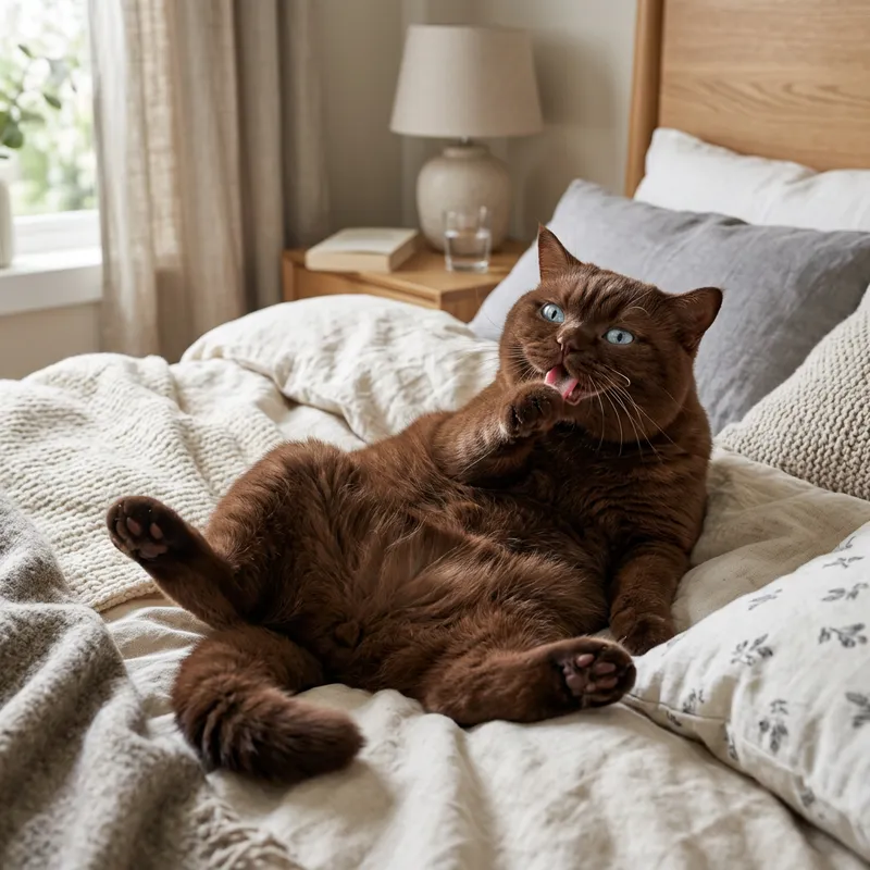 Humorous Chunky Chocolate British Shorthair Cat Lying on Bed