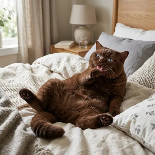 Chunky Chocolate British Shorthair Cat Lying on Bed