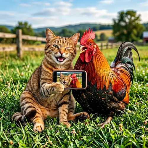 Realistic Cat and Rooster Selfie - Hyperrealism & Photorealism
