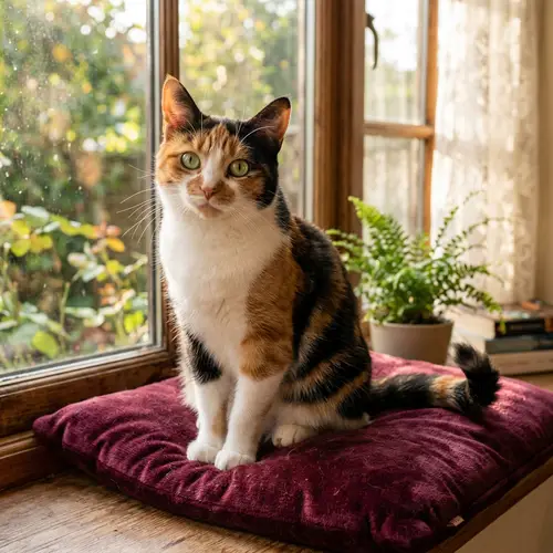 Calico Cat on Plush Burgundy Cushion | Charming and Playful