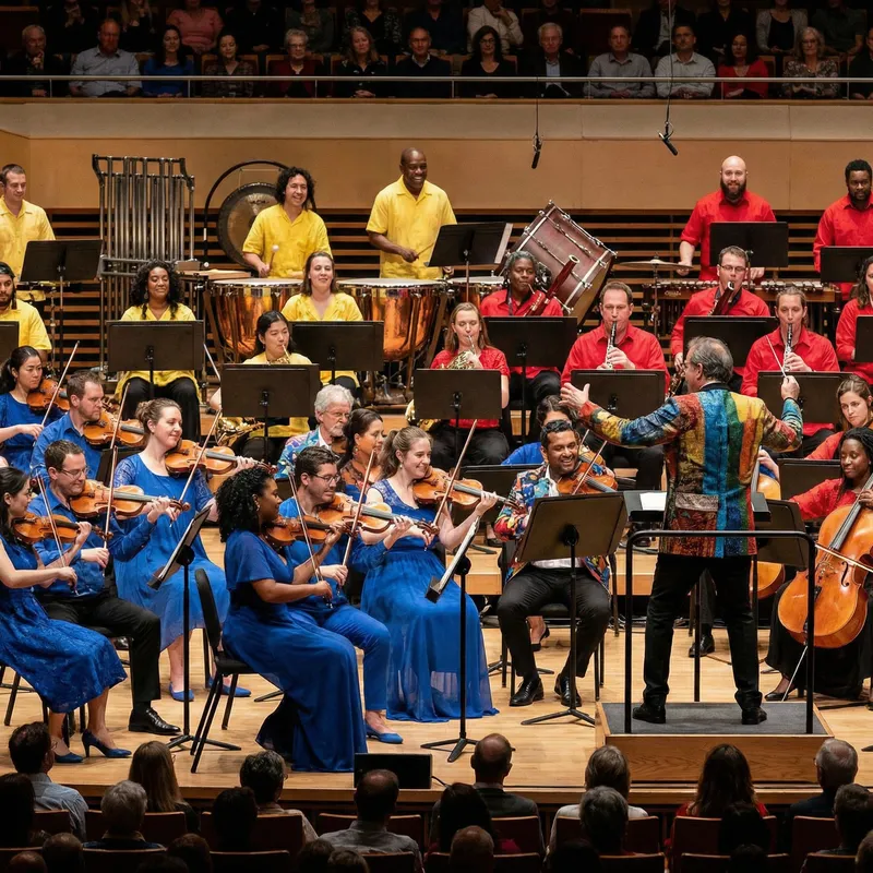 Vibrant Symphony Orchestra in Yellow, Blue, and Red Attire