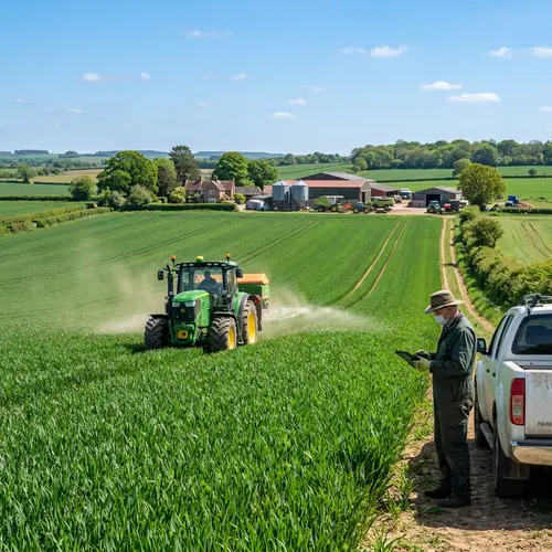 Agricultural Landscape with Tractor Spreading Fertilizer | Farm Scene