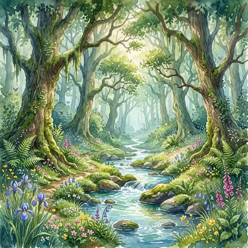 Enchanted Forest Watercolor Landscape - Mythical Nature Imagery