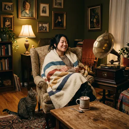 Asian Woman Enjoying Music in Living Room | Cozy Scene