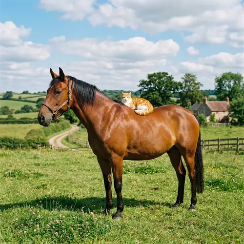 Cat on Horse - Serene Countryside Image