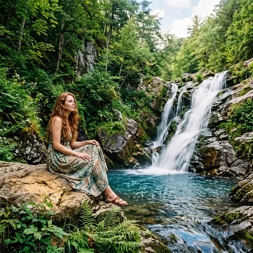 Tranquil Waterfall Serenity with Wavy Auburn Hair