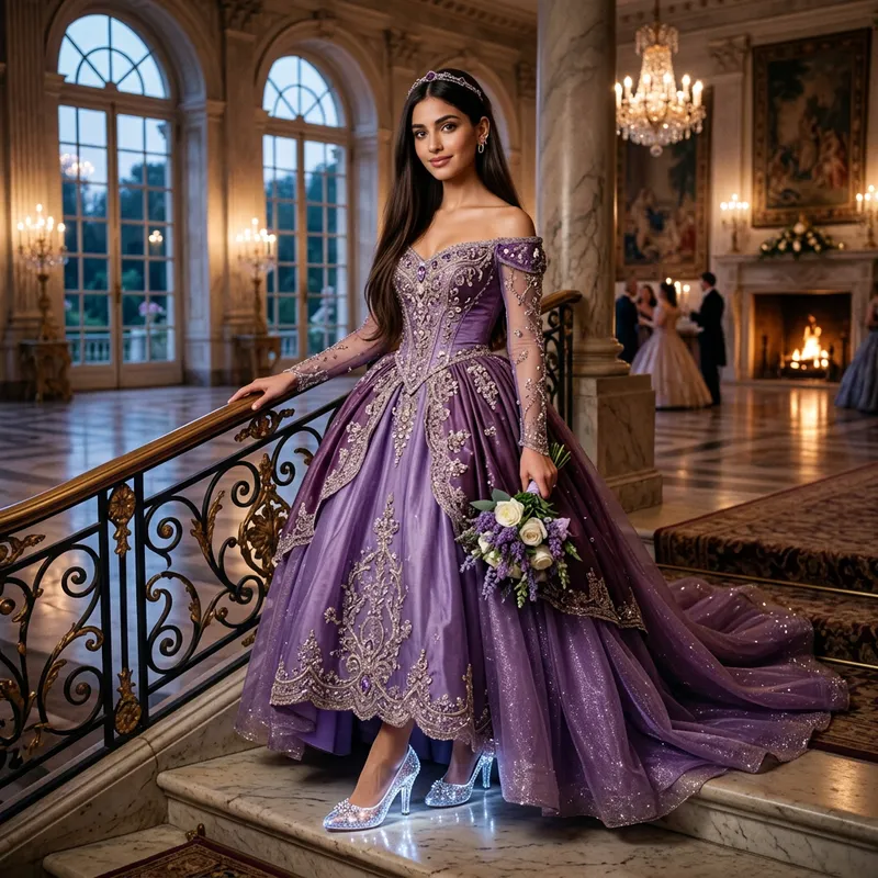 Graceful Disney Princess with Brown Eyes and Long Straight Hair in Purple Ball Gown and Glass Slippers