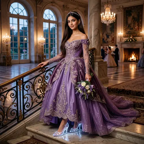 Graceful Princess in Purple Gown with Glass Slippers