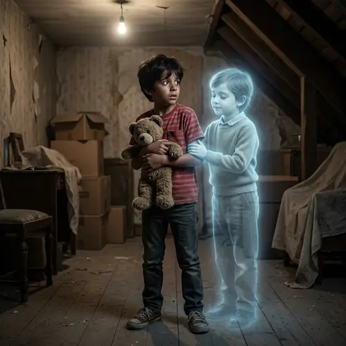 Scared 10-Year-Old Hispanic Boy with Ghostly Child | Dimly Lit Scene