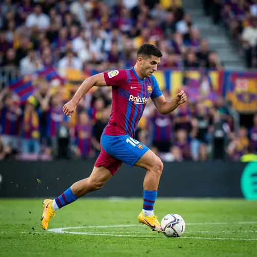 Male Professional Football Player Dribbling Across Field