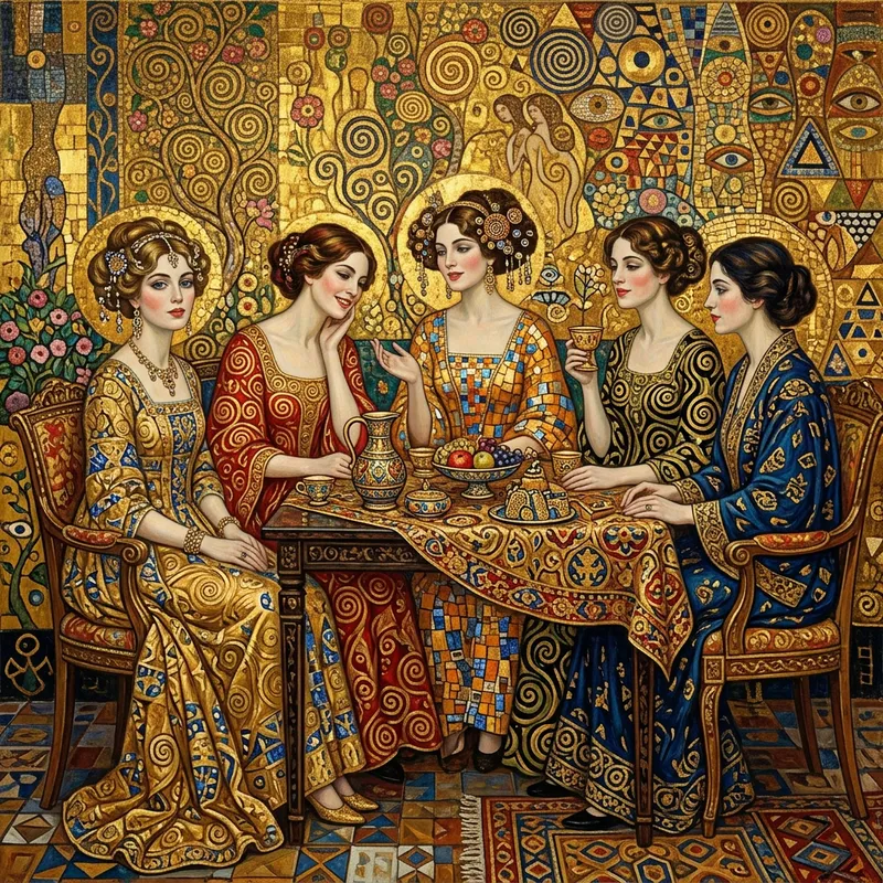 Gustav Klimt Style Art: Five People at a Table