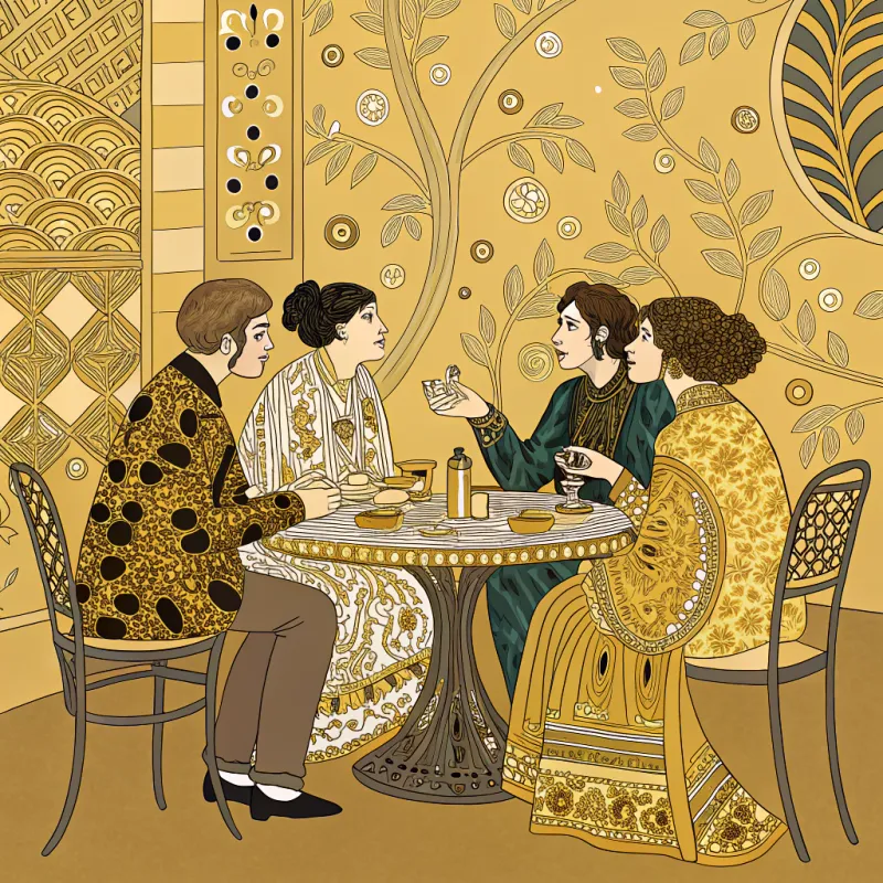 Gustav Klimt Style Art: Five People at a Table