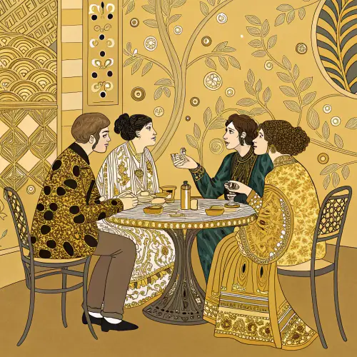 Gustav Klimt Style Art: Five People at a Table