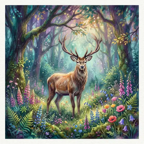 Mystical Forest with Majestic Deer and Vibrant Flowers