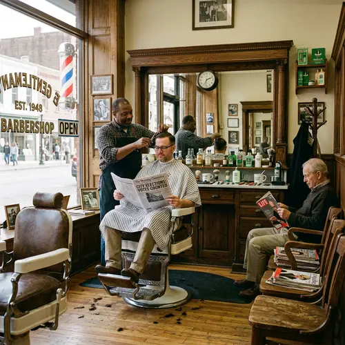 Vintage Barbershop Scene with Black Male Barber and White Male Customer