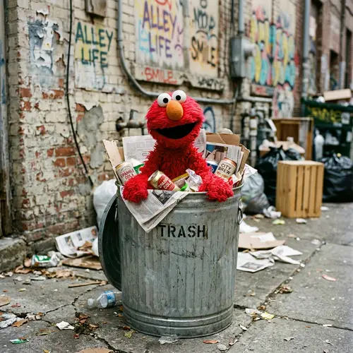 Red Muppet in a Trashcan - Fun & Whimsical
