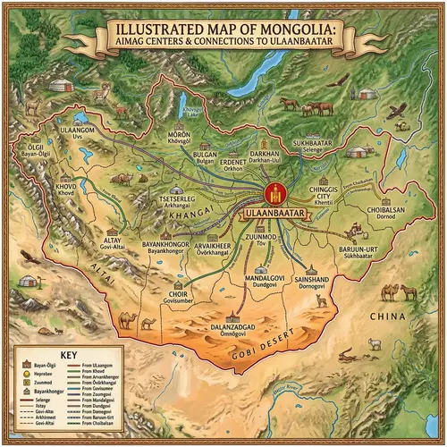 Mongolia Aimag Centers Connected to Ulaanbaatar Map