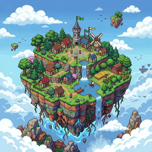 Floating Pixel Art Island in the Sky