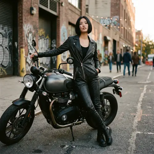 Chinese Model in Black Leather Open Zip Catsuit