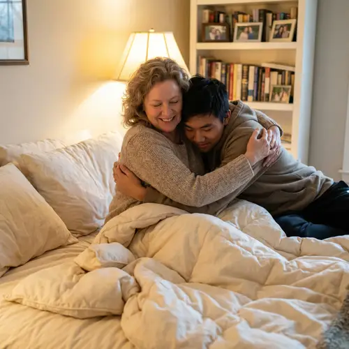 Heartwarming Moment: Loving Mom and 18-Year-Old Son Cuddling in Bed