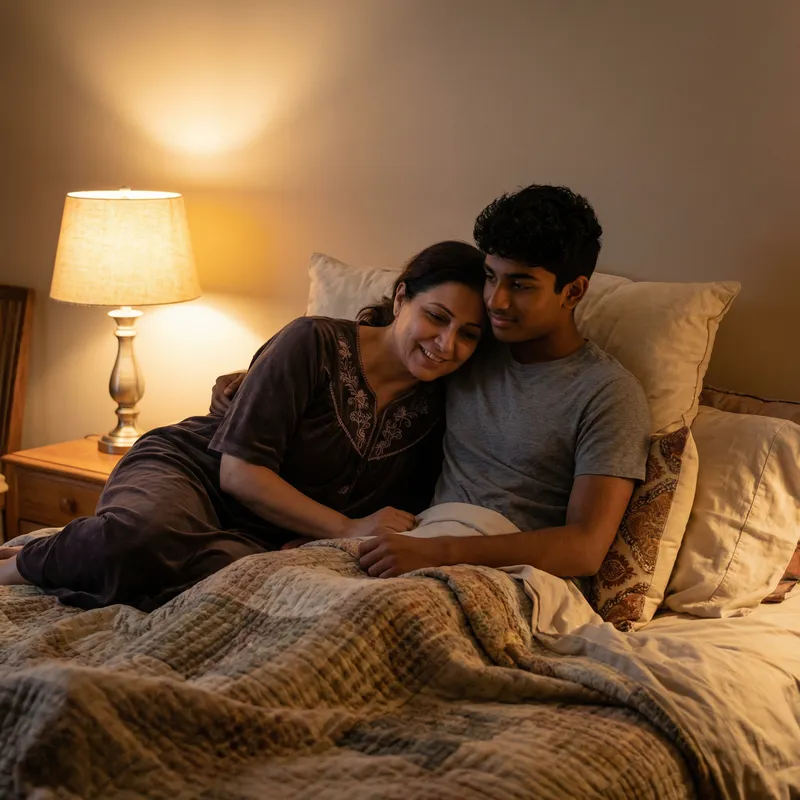 Loving Mom and 18-Year-Old Son Cuddling | Tranquil Moment in Bed Loving Mom and 18-Year-Old Son Cuddling | Tranquil Moment in Bed