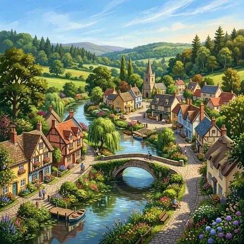Picturesque Village Illustration Surrounded by Nature