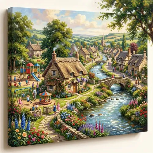 Enchanting Village Scene with Lively River and Vibrant Playground