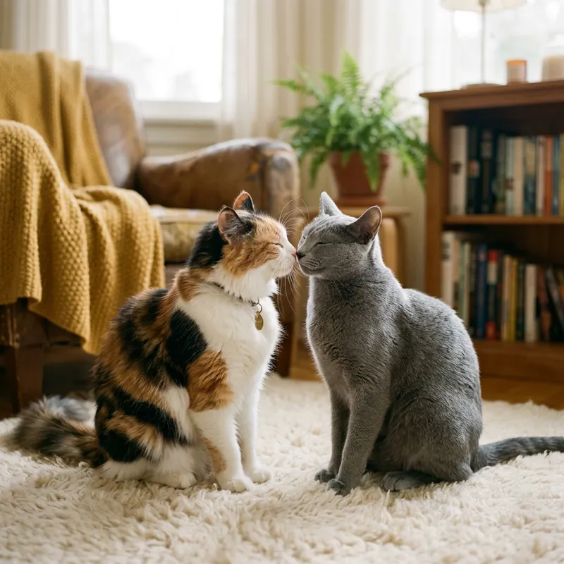 Adorable Cats Kissing: Calico & Russian Blue in Affectionate Moment