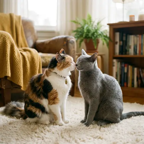 Adorable Cats Kissing: Calico & Russian Blue in Loving Pose