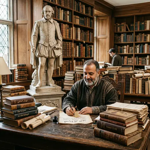 Middle-Eastern Man Writing Poem in Front Of William Shakespeare Statue