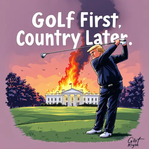 Golf First: Cartoon of Trump Swinging Golf Club