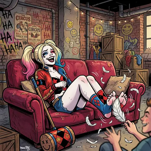 Playful Comic Character on Crimson Sofa