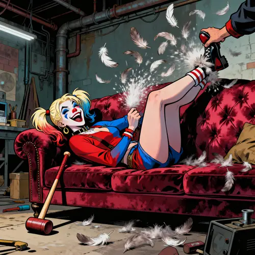 Playful Comic Character on Crimson Sofa