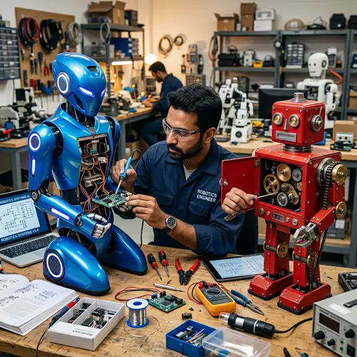 Professional Engineer Fixing Futuristic Blue and Retro Red Robots