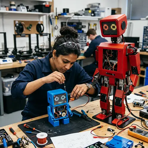 Female South Asian Engineer Repairing Robots: Blue and Red Models