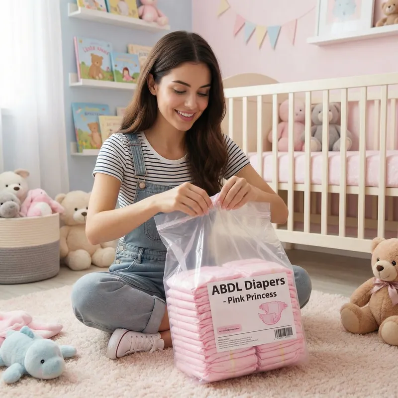 Brunette Opening Pink Diapers in Nursery