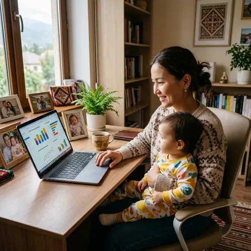 Kazakh Woman on Maternity Leave Multitasking at Home Office