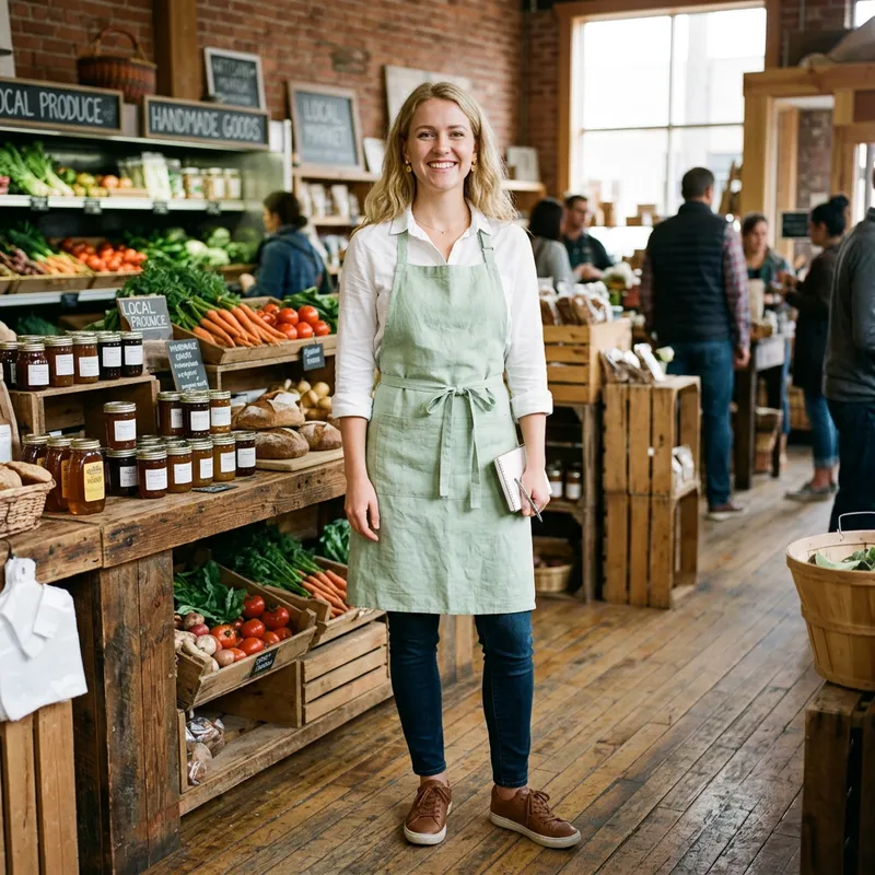 Smiling Female Salesperson in White Shirt & Green Apron