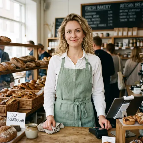 European Female Salesperson with Blonde Hair in Stylish Green Apron