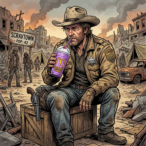 Post-Apocalyptic Sheriff Sipping Grimace Shake | Mc.Donalds